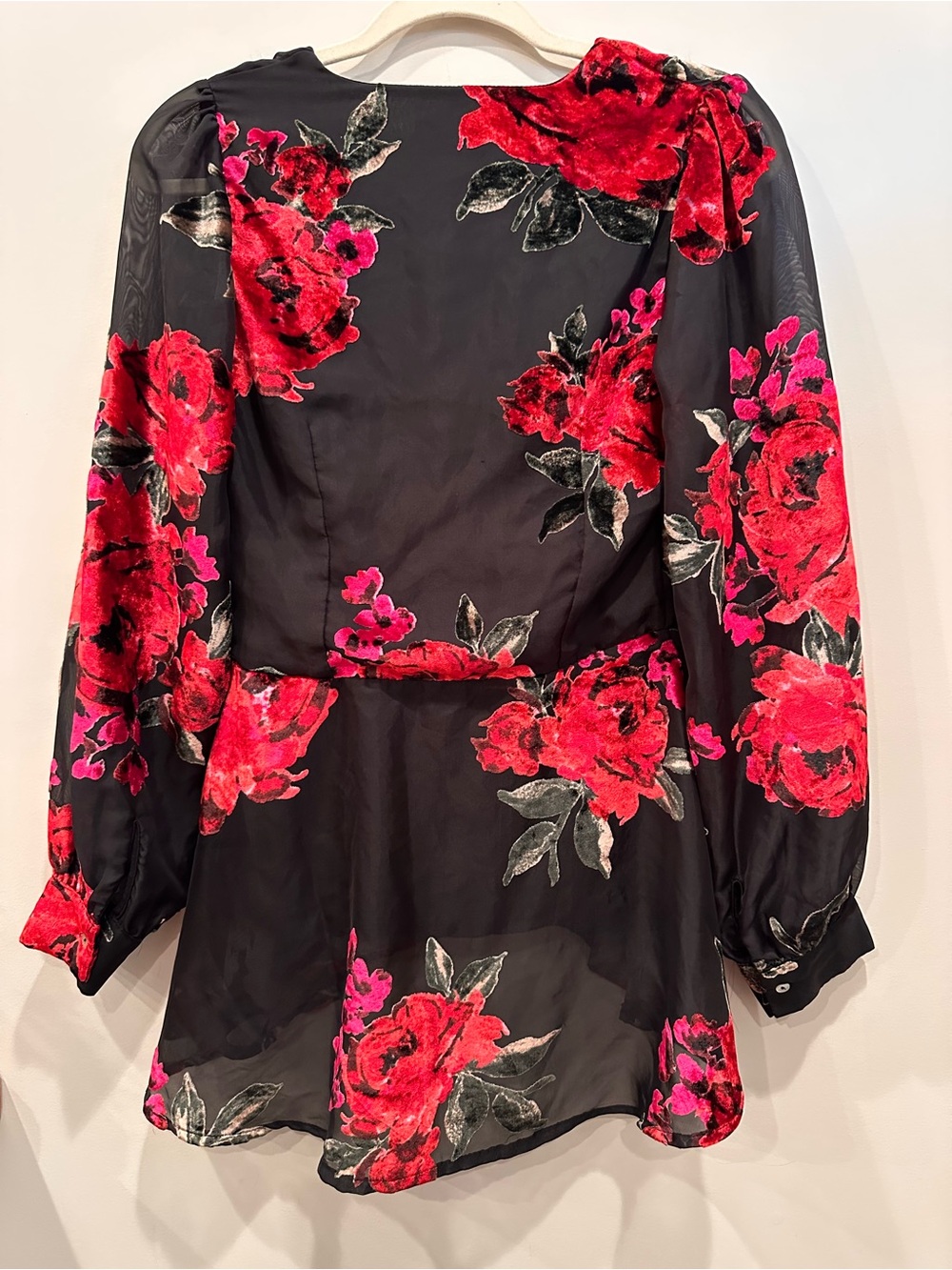 Velvet Burnout Dark Floral Sheer V Neck Floral Tie-Front Blouse Kimono Sz M - Picture 3 of 11